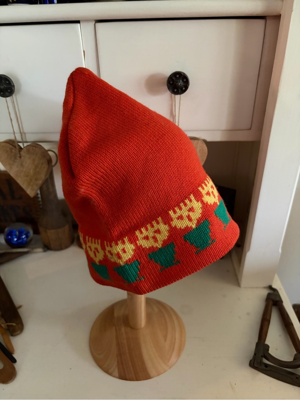 Dogree Adult Orange Knit Beanie with Green and Yellow Pattern